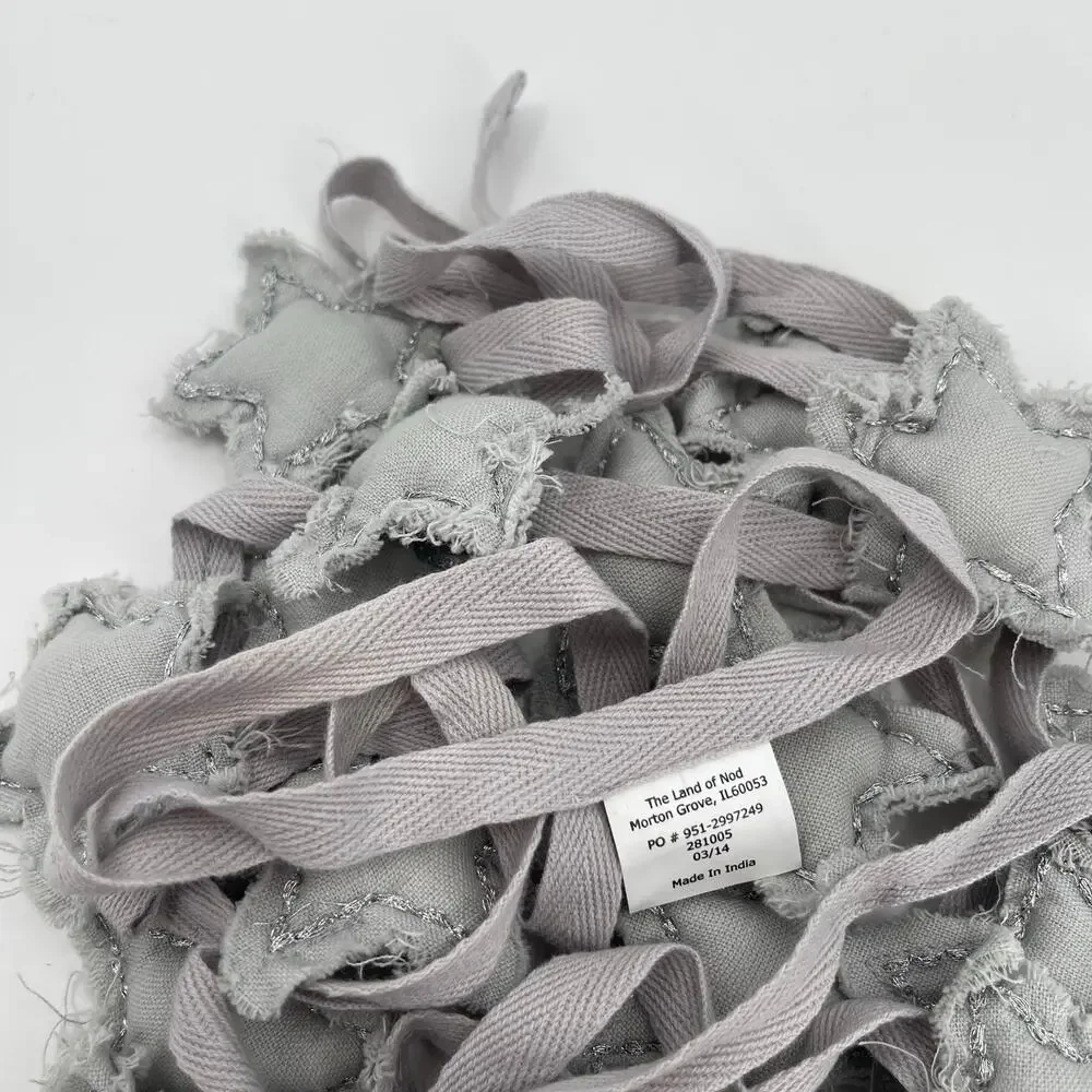LAND OF NOD Star Garland Fabric Raw Hem Silver Gray Holiday Christmas New Years